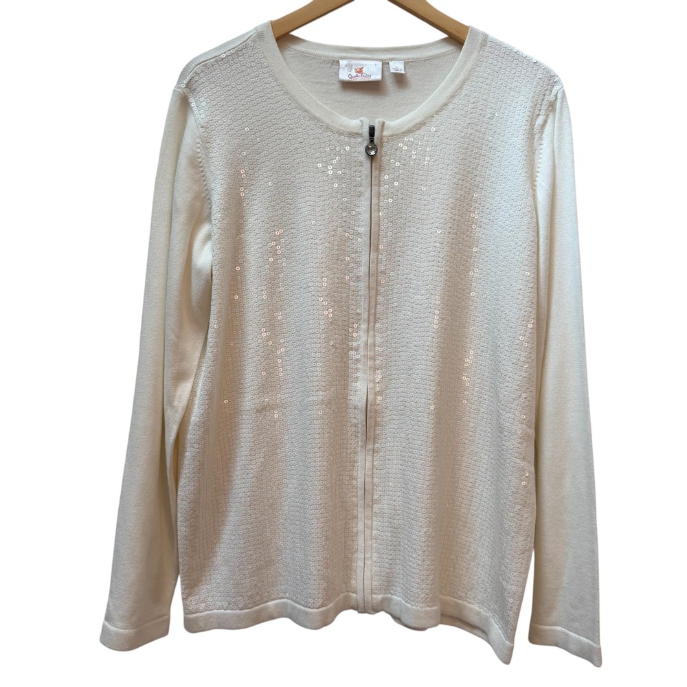 Quaker Factory Women's Cream Sequin Front Zip‎ Cardigan Sweater L